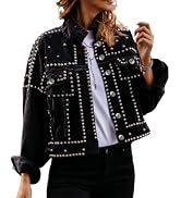 Omoone Women's Long Sleeve Rivet Studded Denim Jacket Casual Washed Pearl Short Jean Coat