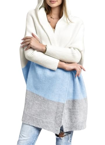 Image of Women's Oversized Hooded Cardigan Color Block Open Front Sweater Chunky Knit Long Coatigan Coat