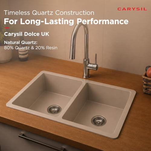 Image of Carysil DOLCE UK Quartz Kitchen Sink 34 x 20 x 8 inches, Single Bowl, 80% Quartz & 20% Resin, Heat Resistant 300C, 50kg Load, Scratch & Stain Resistant, Granite Sink, 304 SS Coupling - Cream