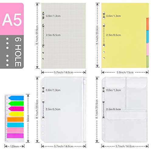Graph Refill Paper, 200 Grid Pages, 5 Colored Binder Dividers, 160 Pcs Sticky Index Tabs With Ruler, 2 Pcs Binder Pockets For A5 Refillable Journal Notebook Planner Organizer #TOP1