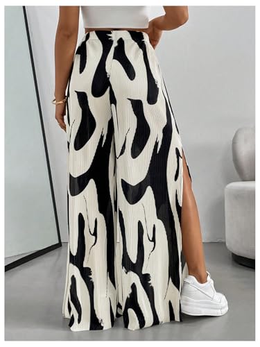 OYOANGLE Women's All Over Print High Split Pleated Long Pants Elastic High Waist Wide Leg Casual Trousers2