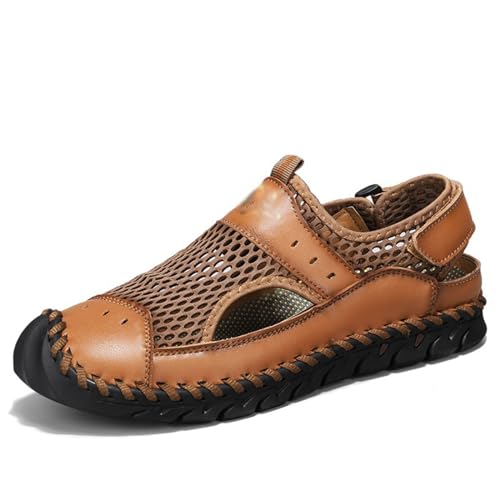 Men's Closed Toe Sandals Summer Breathable Comfortable Leather Mesh Sandals Beach Closed Toe Water Sandals, US-9/9.5, B-brown