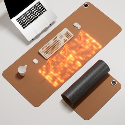 Heated Desk Pad 31.5x13 inch Heated Mouse Pad Large PU Leather Desk Hand Warmer with 3 Heat Settings & Auto Shut-Off Desk Mat for Office Gaming 110V (Coffee)