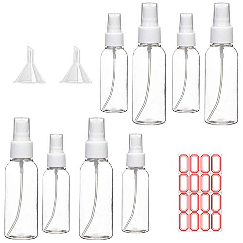 Spray Bottles, Fine Mist Plastic Spray Bottle, Travel Size Bottles Set - 4 Pcs 3.4oz/4 Pcs 1.7oz/2pcs Funnels/16pcs Labels - Refillable Cosmetic Container for Essential Oil, Beauty, Water, Cleaning