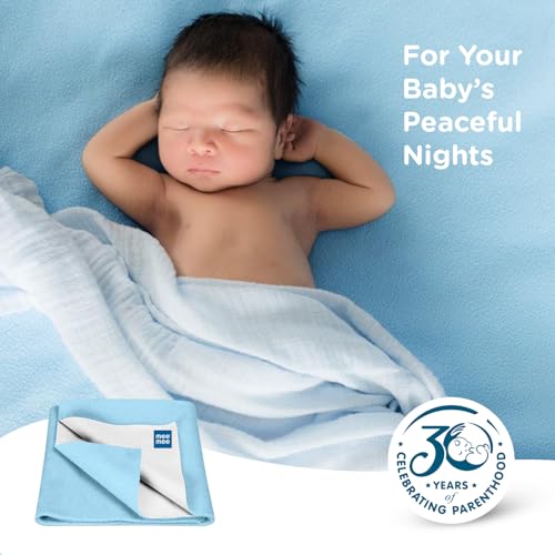 Image of Mee Mee Premium Cotton Bed Protector Mattress: Ultra-Absorbent, Speedy Drying, Breathable & Soft Sheet for Newborns. Reusable Waterproof Cot Sheet Infant Safe, 0-9 Months, 50x70cm (Blue)
