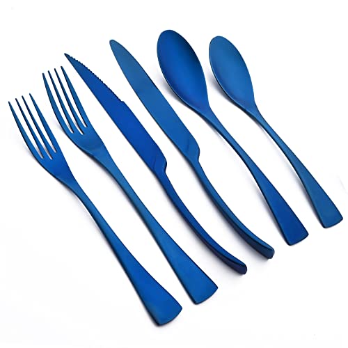 Snplowum Matte Blue Flatware Set With Steak Knife, 24pcs Heavy 18/10 Stainless Steel Silverware Generous Utensils Serving Set Include Knife/Fork/Spoon, Fancy Wedding Cutlery Service For 4