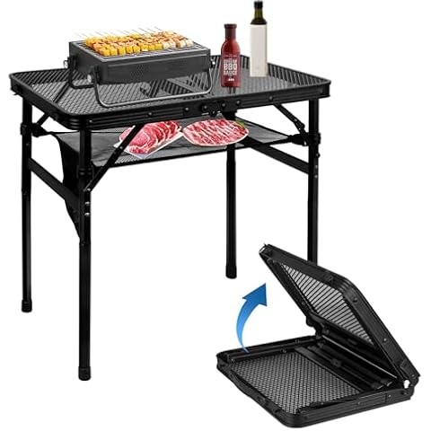 MSDADA Folding Grill Table, Height Adjustable Aluminum Table with Mesh Desktop and Mesh Bag, Portable Grill Table for Outdoor Camping, Picnic, Patio, Dining, BBQ, Party, Black, 23.6×15.7 inch Cover