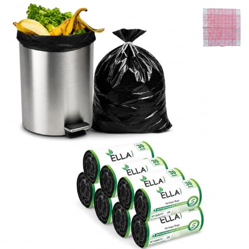 Image of ELLA Garbage Bags 17x19 Inches | 240 Bags (8 Rolls x 30) | Black | Small | Durable Leak-Proof Dustbin Covers for Home, Kitchen, Bathroom, Office & Daily Waste | With Check Duster Cloth Free