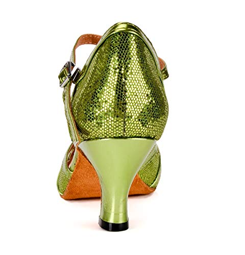 Minishion Women's T-Strap Dance Heels Glitter Salsa Ballroom Shoes Wedding Party Pumps QJ6133 Green US 9.5 - Thumbnail 5