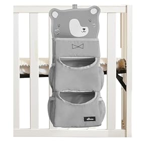SUNEVNO Hanging Baby Diaper Caddy Organizer Diaper Stacker, Baby Crib Hanging Classified Storage Bag Organizer for Changing Table Crib Playard or Wall & Nursery Organization (Gray Bear)