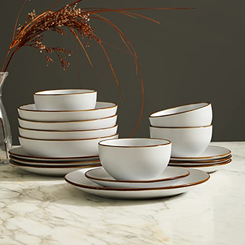 Image of Stone Lain Brasa Stoneware 16 Piece Modern Dinnerware Sets, Plates and Bowls Service for 4, White, Microwave & Dishwasher Safe