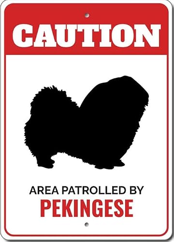 Patrolled By Pekingese Caution Metal Sign Dog Kennel Pet Breed Canine K9 Paw