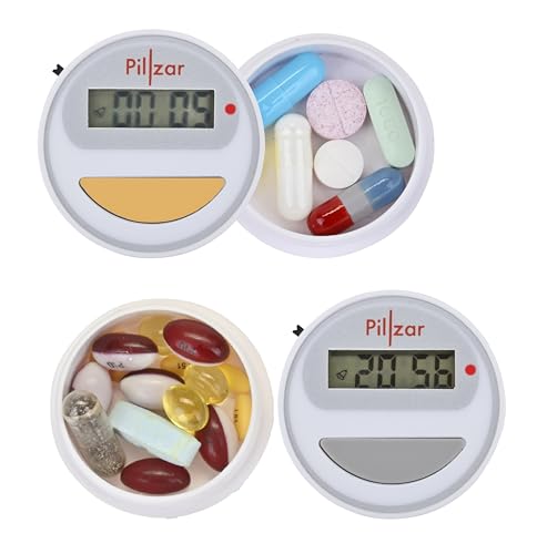 Pillzar Portable Pill Organizer Dispenser with Timer Cap for Medication Supplements and Vitamins. Perfect for Travel or Home Use.