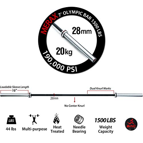 Merax Commercial 7' Olympic Bar - 1500 lb Weight Capacity, 28 MM Grip, OB86, Bench Press Chrome (Silver)