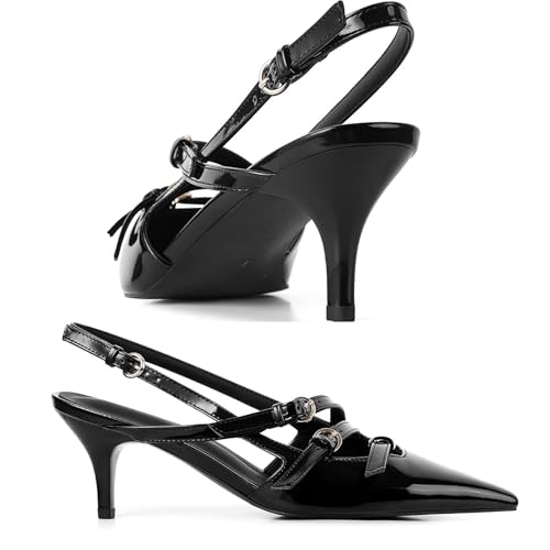 Slingback Kitten Heels for Women,3.3-in Heel Closed Pointed Toe with Adjustable Buckle Strap,Comfortable Stiletto Heels Heeled Sandals Pump Shoes Sexy,Elegant Party Dress Shoes3
