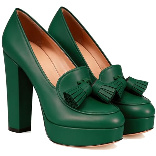Image of SHODENSE Women Vintage Chunky Platform Loafers Pumps Tassel Round Closed Toe Slip On Suede Block High Heel Dress Loafer Shoes Buckle Strap Oxford Loafers Fringe Pump Dressy Chic Sexy Y2k 4-11 M US