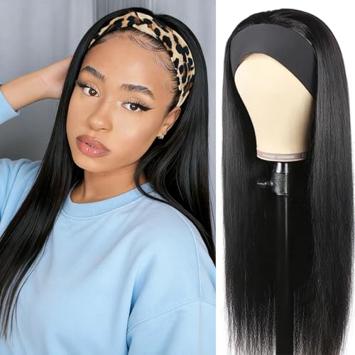 XSY Headband Wig Human Hair Straight Brazilian Virgin Human Hair Wigs for Black Women Glueless Headband Wig Half Wig Natural Black Color 150% Density 22 Inch