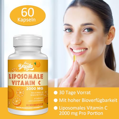 Liposomale Vitamin C Kapseln 2000mg, Maximale Absorption, Hochdosiertes Vit C, Ascorbinsäure, Antioxidantien-Ergänzung, Non-GMO, Soja-frei