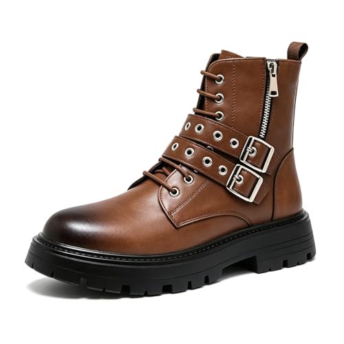 Image of Men's Black Leather Platform Ankle Boots Lace up Side Zip Adjustable Buckle Lug sole Non-Slip Combat Booties Fashion Punk Motorcycle Boots