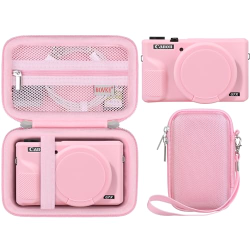BOVKE Hard Case + Silicone Cover for Canon Powershot G7 X Mark III Digital Camera Shockproof EVA Storage Bag with Soft Silicone Protective Case Removable Lens Cover Wrist Strap Pink