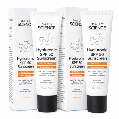 Image of Hyaluronic SPF 50 Sunscreen with Advanced UV Filters | Broad Spectrum Sun, UVA, UVB, Blue Light Protection, SPF 50 & PA++++, 50 g (Pack of 2)