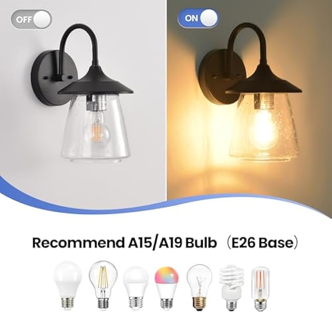 Outdoor Wall Sconce, Exterior Waterproof Wall Light Fixture, Outside Porch Light with Bubble Glass Shade, Matte Black Outdoor Wall Lantern for Patio, Garage, entryway, 2-Pack