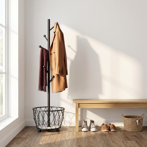 CBBZJY Black Moveable Tree Metal Coat Rack with Basket Freestanding 65" by CBBZJY - Used condition - US$49.99