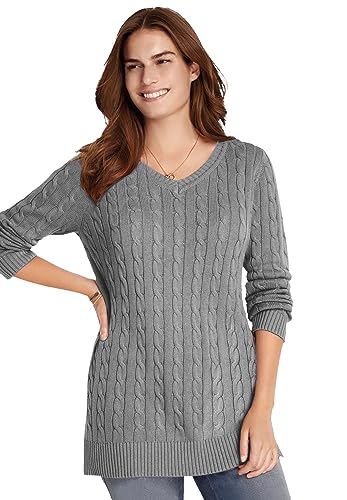 Woman Within Plus Size Cable Knit V-Neck Pullover Sweater
