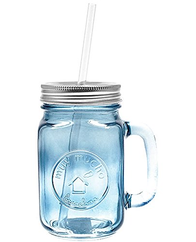 muymucho ロゴ入り オリジナル メイソンジャー MASON JAR ハンドル ストロー タイプ 450ml ブルー (蓋シルバー)