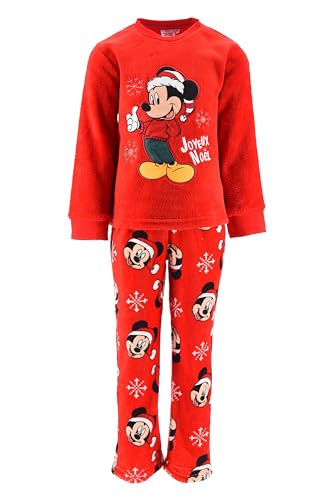 Disney Mickey Mouse Pijamas para Niños, Camiseta y Pantalon Largo para Niños, Pijama Navideño 2 Piezas Polar Suave Infantil, Talla 3 Años | Rojo