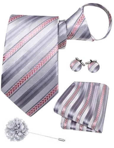 Image of Hi-Tie Zipper Ties for Men Pre-tied Tie Set Lapel Pin Pocket Square and Cufflinks Formal Business Wedding Adjustable Necktie