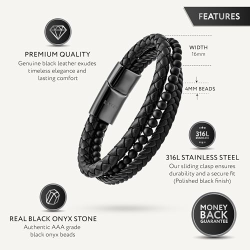 Rtzn ® Multi Strand Bracelet For Men – Premium Artisan Handcrafted Black Onyx Bead And Braided Leather Bracelet thumb #2
