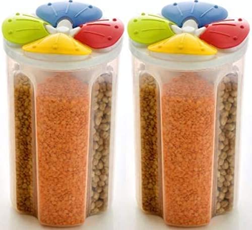 Image of 4 Sections Air Tight Transparent Food, Grain, Cereal Dispenser Storage Container Jar -1500 ml (Set of 2)