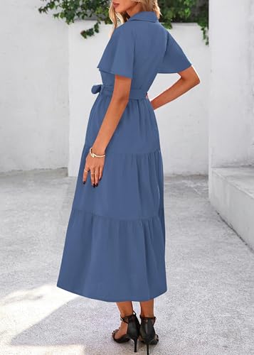 Image of KIRUNDO Summer Button Down Wedding Guest Shirt Dresses for Women Maxi Flutter Short Sleeve Flowy Tiered Beach Sun Dress
