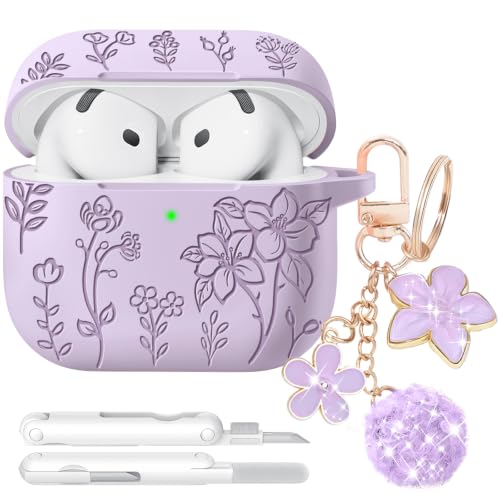 Image of for AirPods 4 Case, Soft Silicone Flower Engraved Cases Pink | with Cleaner & Foral Charm Keychain, Cute Girly Stylish Women AirPods 4 Accessories - Shockproof, Scratch & Dust Resistant
