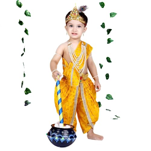 Image of ITSMYCOSTUME Krishna Dress for Baby Boy Kids Set of 10(Dhoti,Hip Cover,Patka,Mukut,Morpankh,Bansuri,Kamarband,Bajuband,Kundal) Little Krishna Ji Kanha Janmasthmi Costume