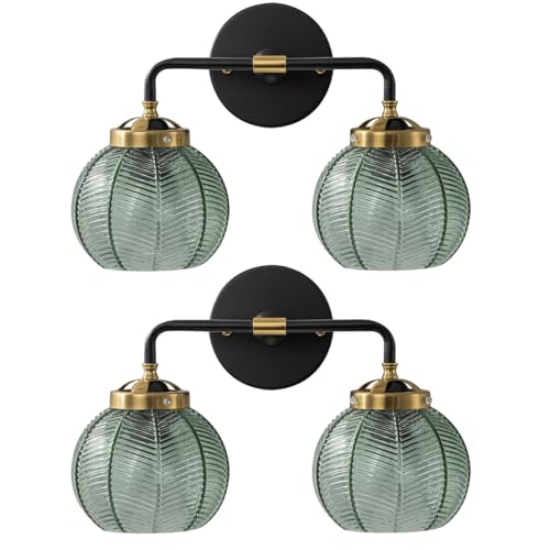 Image of Mid Century Wall Sconce Set of 2 Vintage Black Bathroom Vanity Light Globe Wall Sconces Green Glass Wall Light Art Deco Vintage Bathroom Lights Over Mirror for Bedroom Hallway Living Room