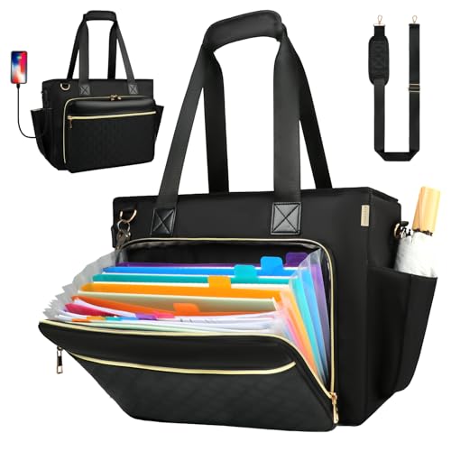 Partreko Teacher Tote Bag with Colourful Accordion File Organizer Pocket, USB Port& 15.6 Inch Laptop Compartment, Large Work Bag with Insulated Pocket for School Teacher Essential Nurse Women (Black)