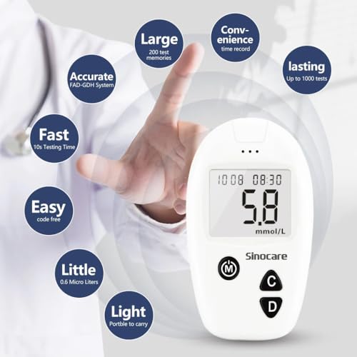 Image of SINOCARE SAFE ACCU Blood Glucose Monitor /Machine | With 25 Strips and Lancets, One Lancet Device | No Coding required, 200 Memory, Upto 28 Days Average | Safe, Accurate and Reliable Glucometer