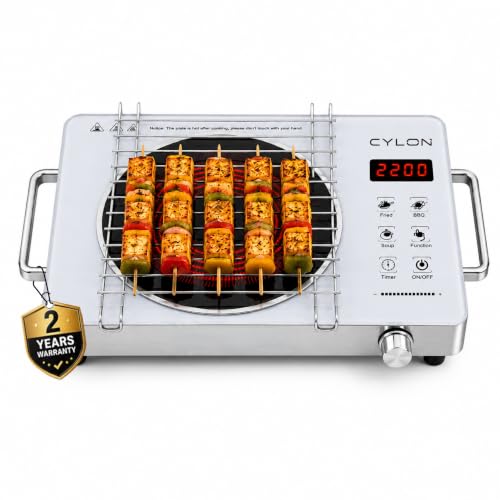 Image of CYLON InfraBlaze 2200W Infrared Cooktop Stove with Grill Rack, Crystal Glass Top, Digital Display, Touch Control, Compatible with All Cookware, Infrared Hot Plate, Silver