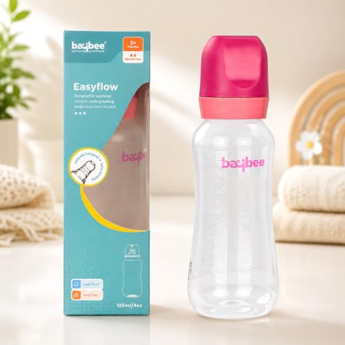 Image of Baybee Natura Flow Milk Bottle for New Born Babies | Uniquely Designed Breast Mimic Soft & Flexible Nipples | Advanced Anti-Colic Breast Like Nipple Baby Bottle Natural and Easy Latch (Pink, 125 Ml)
