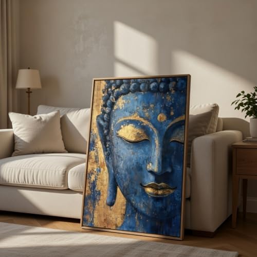 Image of Livin'luxe Blue Buddha Face Wall Art with Wooden Frame | Golden Textured Buddha Painting HD UV Laminated Print on MDF | Spiritual Meditation Home Decor for Living Room Bedroom Office 13.5 x 19.5 Inch