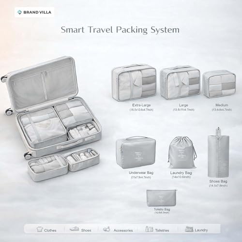 Image of BRAND VILLA 7 Pcs Travel Organizer Set Packing Cubes Luggage Organizer Bags with Shoe Bag, Laundry Pouch & Toiletry Bag for Clothes, Shoes, Accessories, Lightweight Travel Storage for Suitcase (Grey)