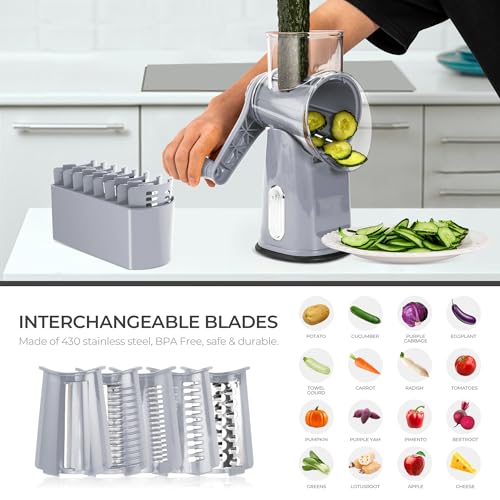 SUSTEAS Rotary Cheese Grater with Handle - Vegetable Shredder with 5 Well-designed Blades & Strong Suction Base,Round Mandoline Slicer & Food Chopper for Kitchen,with Blade Storage Box(Gray) by SUSTEAS - Image 5