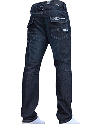 Enzo BNWT New Mens Jeans Blue Designer Branded Straight Washed All Waist & Sizes Dark Wash 30W X 32L