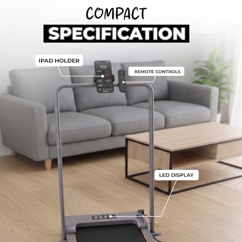 Image of Compact 3HP Peak BLDC Motor Treadmill with Mobile Stand & Remote Control | 120 kg User Capacity | 10km /h Max Speed | LED Display with Foldable Under-Desk Design | Home Use | Grey