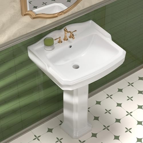 HOMLYLINK Vintage Pedestal Sink White 3 Hole, 23 x 19 Inch Bathroom Pedestal Sink Combo, with...