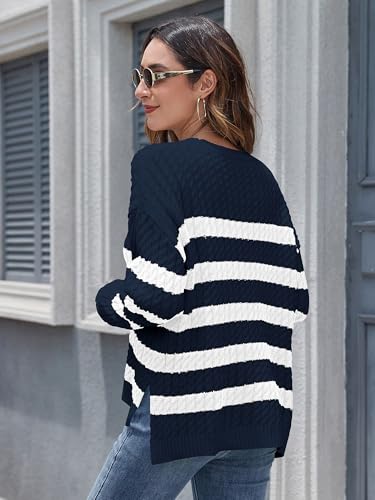 Image of ZAFUL Women's Striped Sweaters Casual Crew Neck Long Sleeve Pullover Oversized Cable Knit Loose Jumper Tops