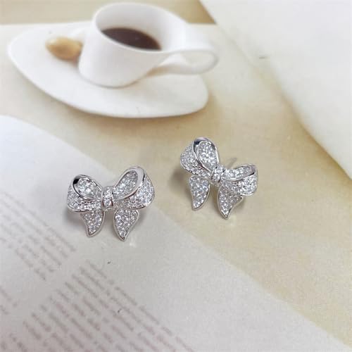 Minimalist Cubic Zirconia Bow Hypoallergenic Stud Earrings for Women Sensitive Ear Dainty Cute Silver Plated Sparkly Crystal Bowknot Studs Wedding Xmas 16mm4