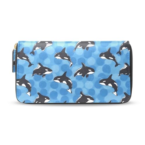 Long Wallets Leather Bifold Wallet for Women Orca Whale Blue with Zipper Credit Card Holder Large Capacity - Main Image